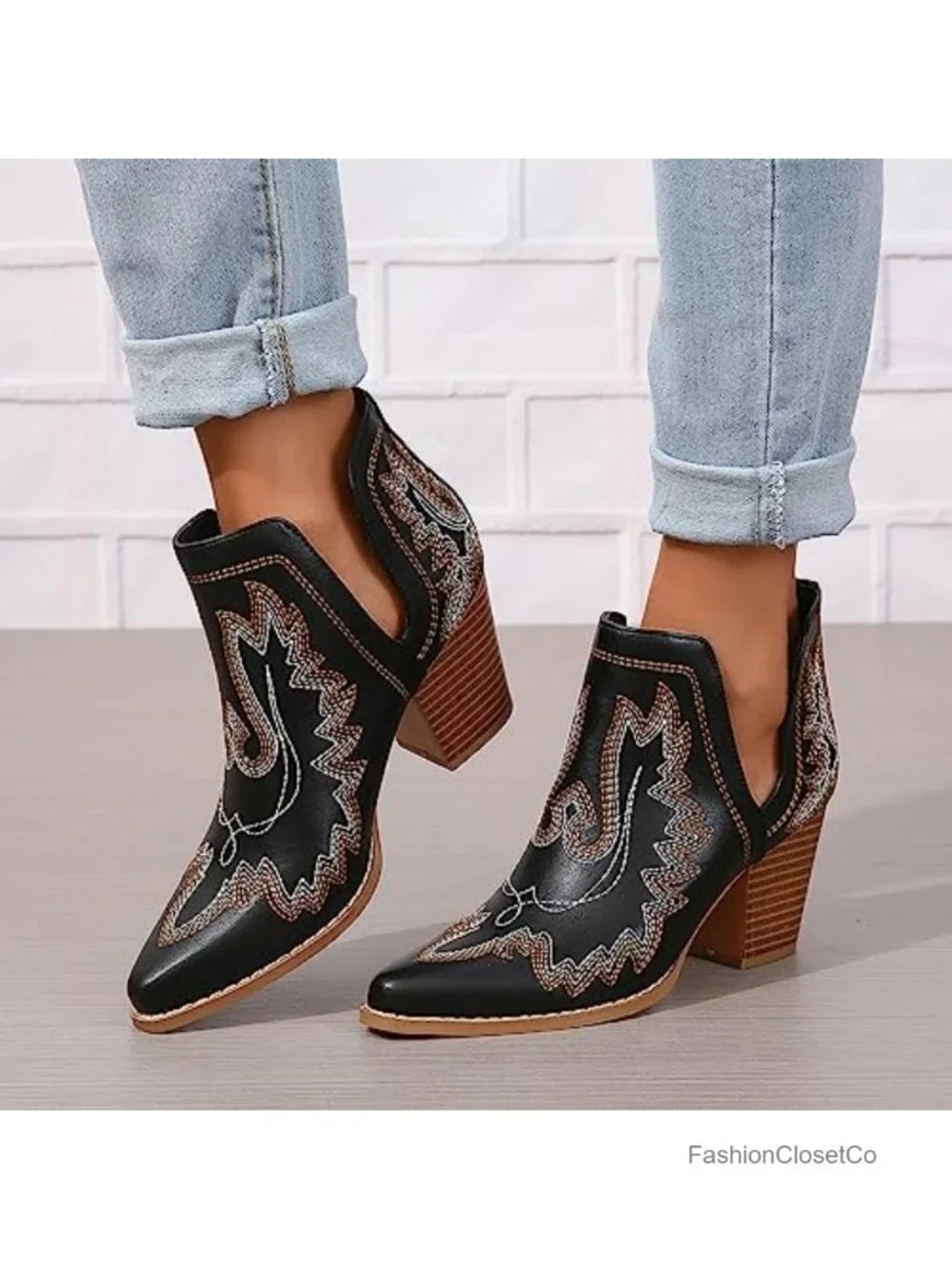 Cowgirl Ankle Boots Pointed Toe Chunky Heel Cutout Western Embroidered Slip-On